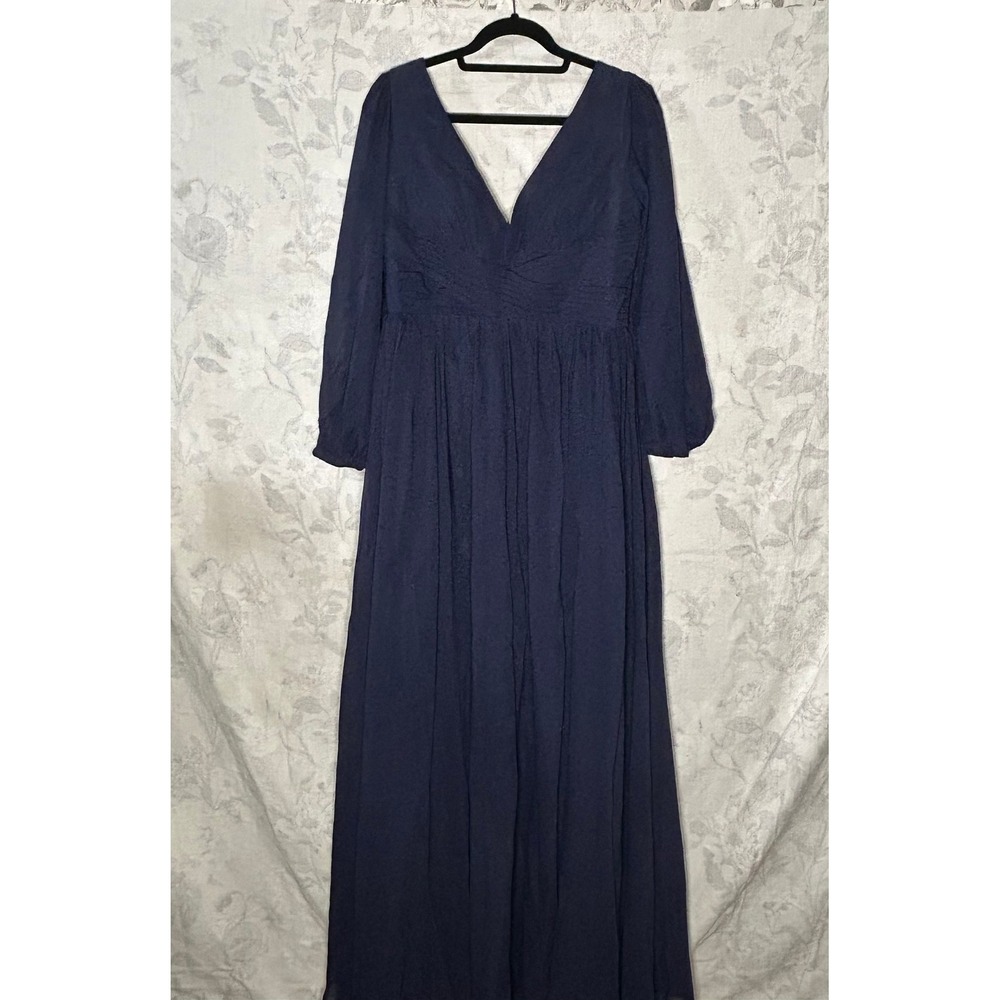 Navy Blue V Neck Empire Waist Maxi Dress Long Sleeve Tie Back Flowy